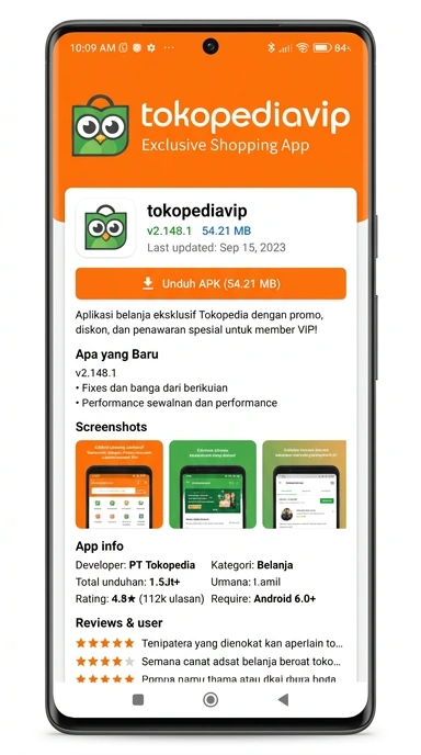 Tampilan halaman APK tokopediavip